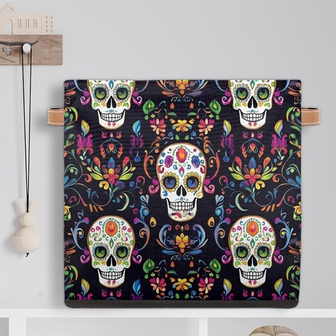TropicalLife Flower Skull Storage Cube, 13 Inch Fabric Cube Storage Organizer Bin for Shelves Clothes, Decorative Foldable Storage Boxes