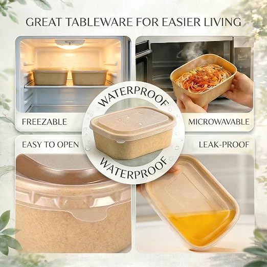 TOPtoper 50 Pack 30 OZ Disposable Meal Prep Containers with Lids and Forks, Large Kraft Paper Bowls for Party, Disposable Food Containers with Lids, Freezer and Microwave Safe Meal Prep Containers