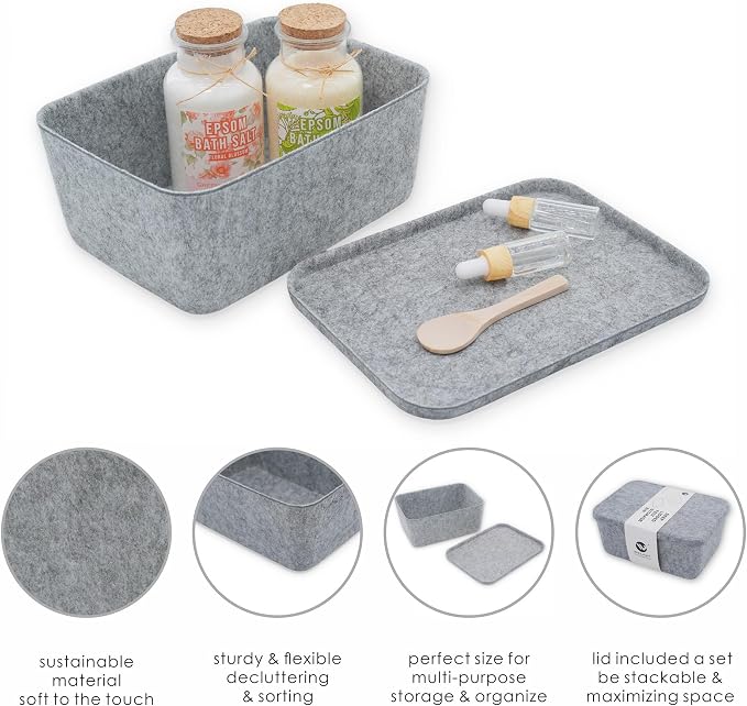 Welaxy Lidded office desk drawer organizer bins Deep draw organiser Felt storage box with lids for office supplies makeup jewelery decluttering fall gift (Gray)