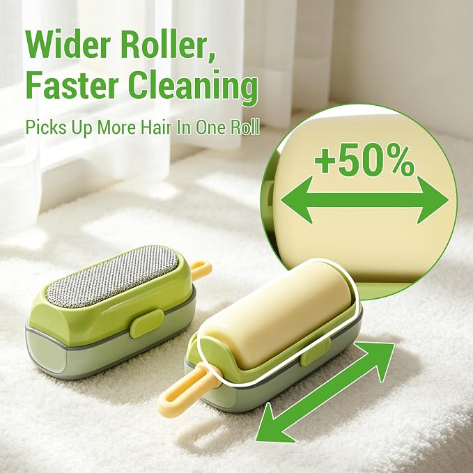Mini Lint Brush/Roller, 2-in-1 Lint Remover, Green | Washable, Reusable Lint Roller, Portable Travel Size, For Pet Hair, Clothes, Carpet, Car, Includes Cleaning Brush