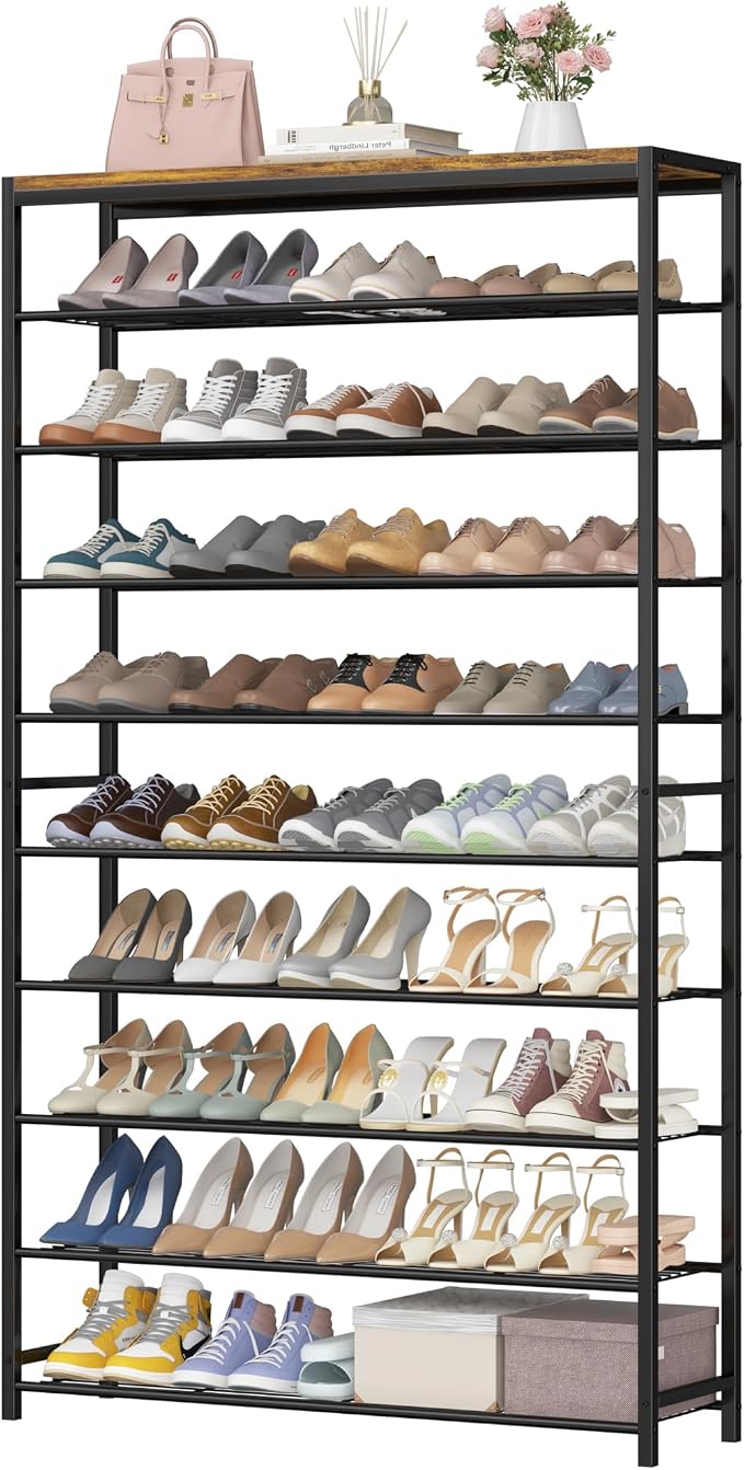 HOMEFORT 10 Tiers Shoe Rack Organizer,39.4" Shoe Storage Shelf for Closet, Shoe Rack for Entryway,Holds 45-50 Pairs of Shoe, Tall Shoe Stand with Metal Shelves and MDF Top Board,Rustic Brown