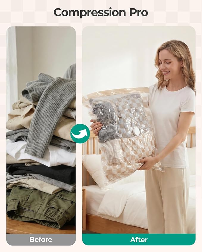 BAGSMART Travel Vacuum Seal Bags with Pump, Jumbo Vacuum Storage Bags for Clothes Blankets Comforters, Space Saver Bags for Travel, Compression Bags for Seasonal Storage-Khaki Checker