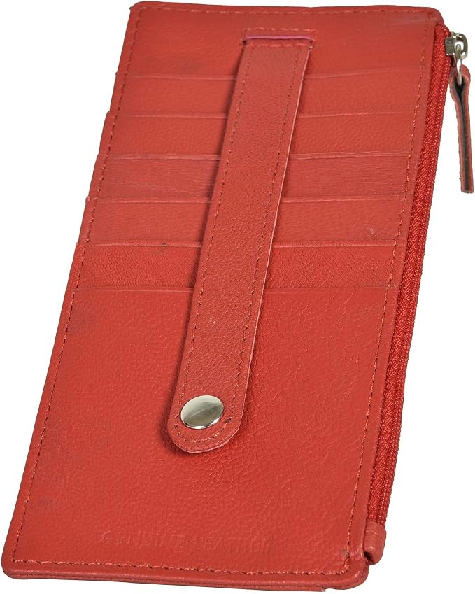 Leatherboss Genuine Leather Women's All in One Credit Business Card Case Holder Slim Zipper Wallet With a Card Protection Strap, Red