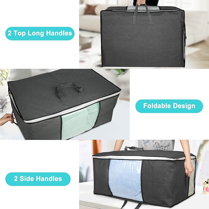 8 Pack 105L Extra Large Comforter Storage Bag, Foldable Bedding Storage Blanket Moving Bags for Clothes Pillows Sweater Dorm, Linen Closet Organizers with 4 Handles & 3 Clear Windows, Black