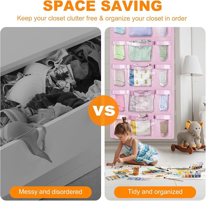 Weekly Hanging Closet Organizer for Kids,Day of Week Kids Clothes Organizer,School Clothing Storage Monday to Friday Hanging Closet Organizer Shelves for Bedroom,Bathroom,Dorm (Pink)