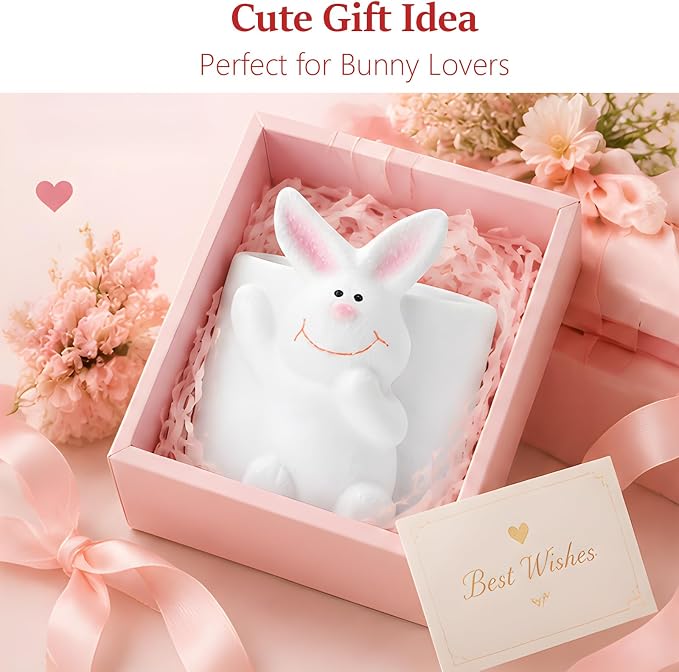 Ceramic Rabbit Shaped Pen Pencil Holder for Desk Decoration Accessories Rabbit Decor Makeup Brush Pen Cups Office School Ideal Gifts for Women, Mom or Birthdays (Round Rabbit)