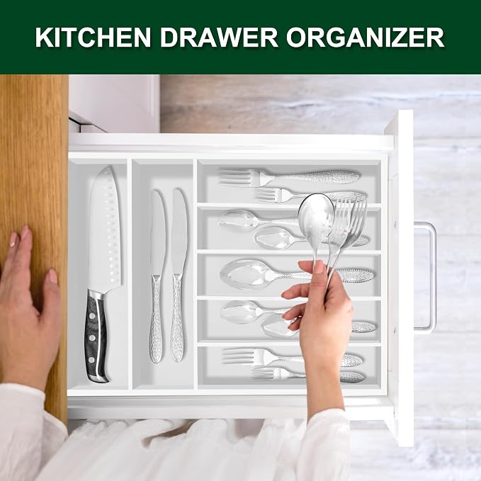 Bellsal White Utensil Organizer 12.5 Inch Silverware Tray for Drawer Utensil Holder Cutlery Organizer Kitchen Drawer Organizer 7 Compartment Small Narrow Bamboo | Natural Bamboo White, 7 Compartment, Durable, Small Narrow Organizer, Silverware Tray, Ut...