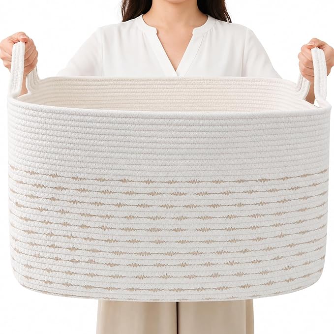 65L Collapsible Woven Rope Laundry Basket with Handles, Yellow | 21x16x12 Foldable Rectangular Blanket Basket for Toys, Clothes & Pillows,Ideal for Nursery, Bathroom, Bedroom, Living Room