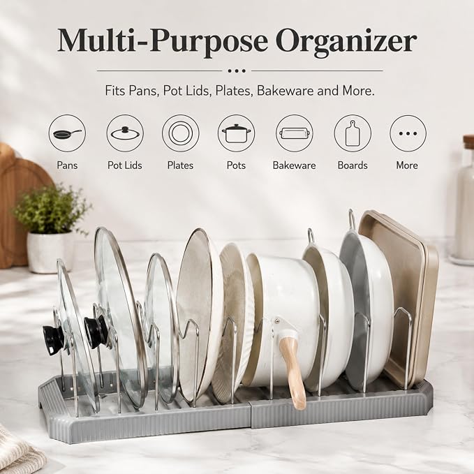 Pots and Pans Organizer Under Cabinet, Adjustable Pot and Pan Organizer Rack, 7 Stainless Steel Dividers, Pot Lid Organizer for Cabinet, Expandable Pan Organizer for Pots, Pans, Lids, Plates Gray