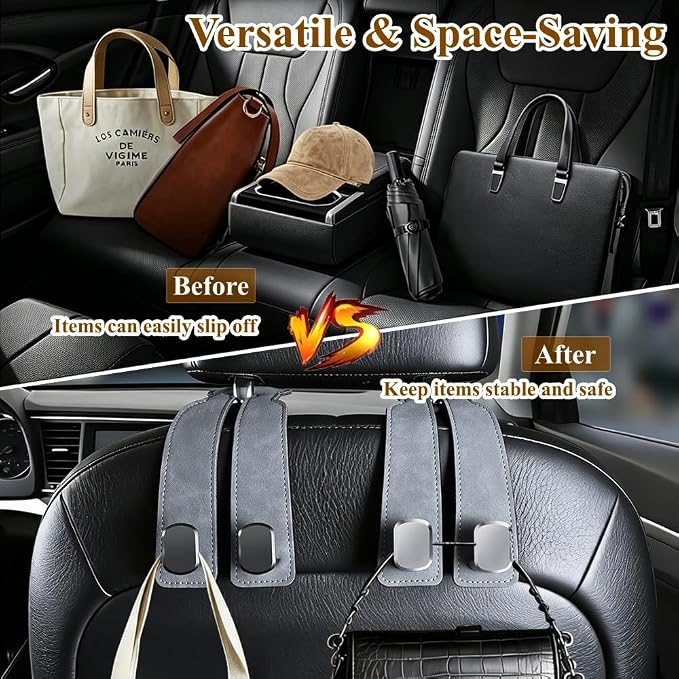2-Pack Car Hanging Hooks for Car Seat Back & Glove Box, Grey | Dual-Use Purses & Bags Hanger for Car With Metal Hooks - Keep Floor & Seats Clutter-Free, Car Interior Organizer Accessories