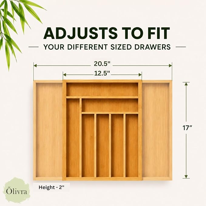 Bamboo Expandable Drawer Organizer for Utensils Holder, Adjustable Cutlery Tray, Wood Drawer Dividers Organizer for Silverware, Knives in Kitchen, Bedroom, Closet, Office, Tools