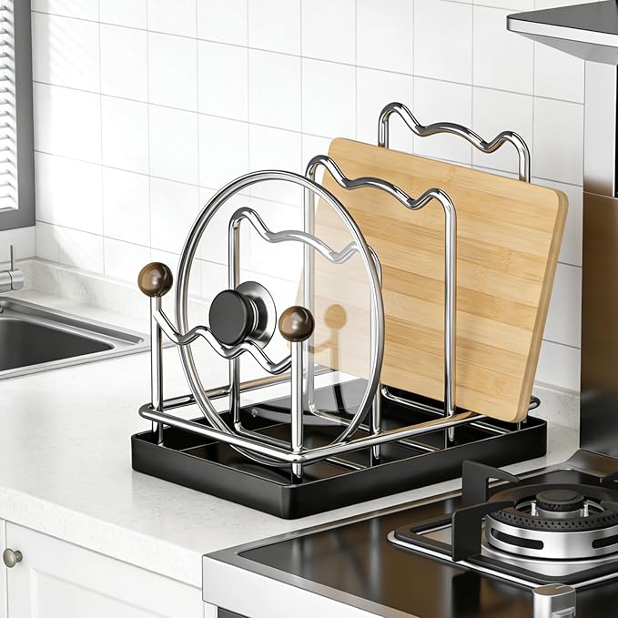 Pot Lid Organizer Cutting Board Holder with Removable Tray -Black | 3-Slot Kitchen Pot Lid Storage Rack Chopping Board Holder for Countertop, 8.2 x 5.1 x 7.2 in