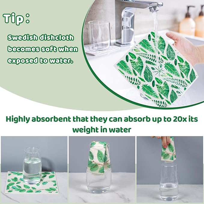 Needbrock 6 Pack Swedish Dishcloths for Kitchen, Swedish Rags Absorbent Green Leaf Dish Cloths with Adhesive Clips, Reusable Paper Towels No Odor for Countertop Dishes Cleaning