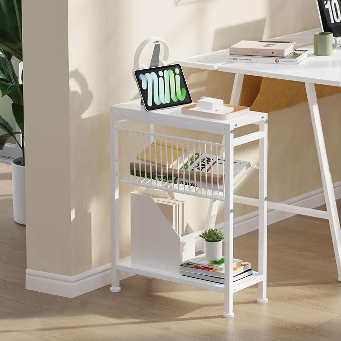 Side Table for Small Spaces, Set of 2 Narrow End Table with Magazine Holder, 2 in 1 Design Slim Side Table, Skinny Nightstand for Living Room Bedroom, Thin Side Magazine Table, White
