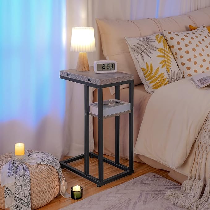 HOOBRO Foldable C Shaped End Table, C Shaped Side Table with Storage Shelf, Small Snack Table, Slide Under Couch Table for Sofa, Living Room Bedroom Small Spaces Easy Assembly, Greige BG29SF01