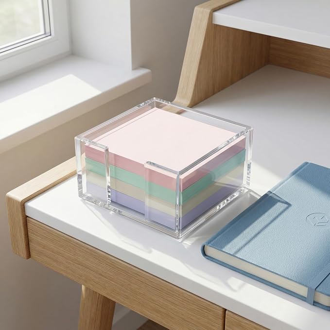 Acrylic Sticky Note Holder, 3x3 Crystal Clear Notepad Holder | with Anti-Slip Base Sticky Note Dispenser for School Dorm Home and Office Organizer