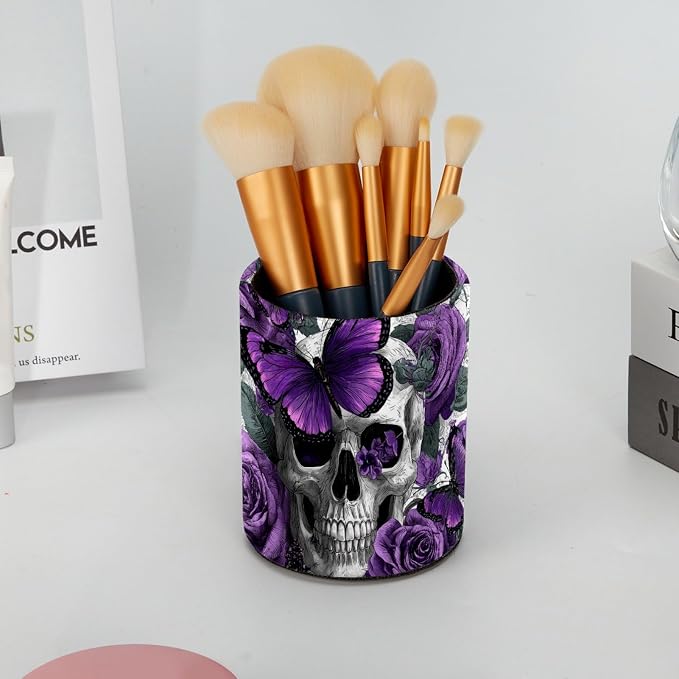 Faux Leather Pen Holder for Desk, Pencil Organizer Purple Butterflies and Skulls Pen Cup Desk Decor Makeup Brush Holder Storage for Office Home
