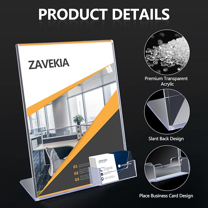zavekia 8.5 x 11 Acrylic Sign Holder with Business Card Holder, Brochure Display Stand for desktop (8.5 x11 in/4 pack)