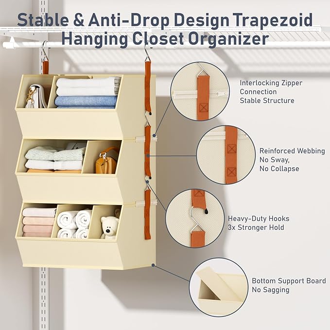 Hanging Closet Organizer Extra Large, Clothes Hanging Shelves for Closet with Divider, Collapsible Closet Storage System, Fabric Storage Bins for Home, Dorm, Rv, Sweaters, Handbags, Underwear, Sock