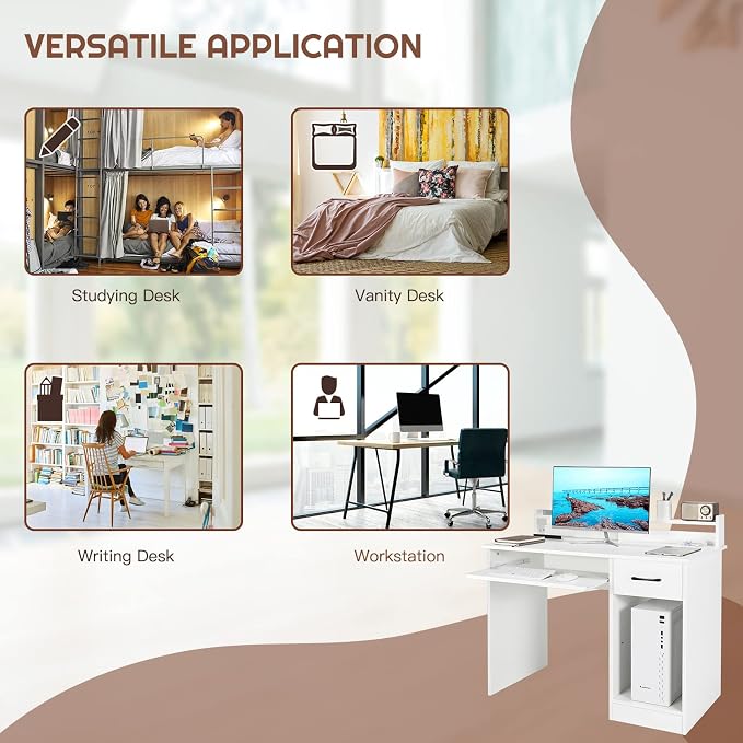 COSTWAY Computer Desk with Hutch, Home Office Desk with Drawer, Adjustable Shelf & Keyboard Tray, Study Writing Desk, Executive Workstation for Living Room, Bedroom & Study (White)