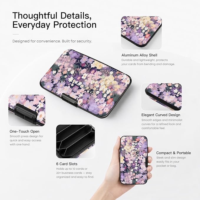Credit Card Holder RFID Aluminum card case Floral 2 mini Wallet Women Men | ABS Business ID Case,Hard Case Large Capacity 6 Slots, Waterproof Durable ，Secure Closure Slim Small Credit Card Protector