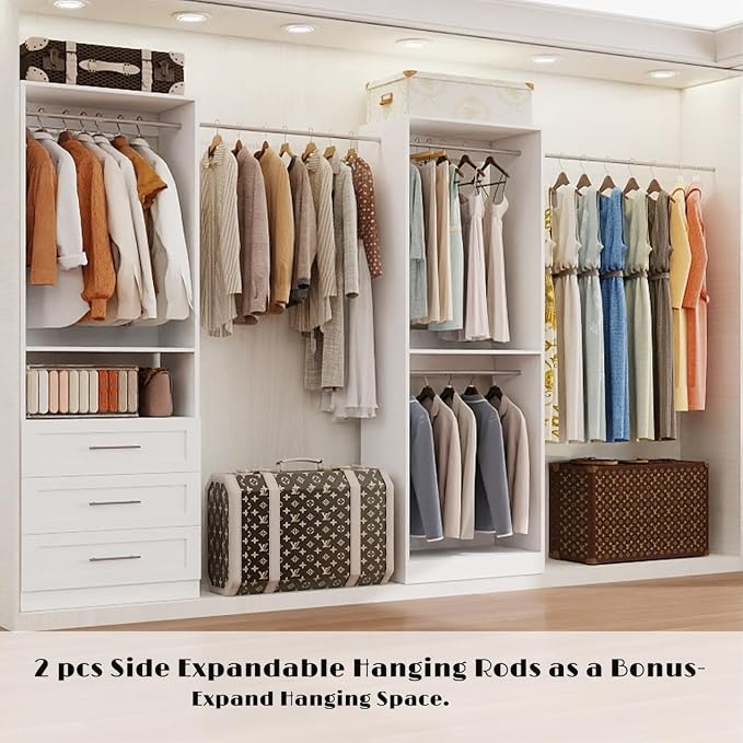 Closet System with 3 Drawers, 4FT-10FT Closet Organizer Systems with 5 Hanging Rods, Walk in Closet Freestanding Corner Closet System Modular Closet System 2 Sets White (4FT)