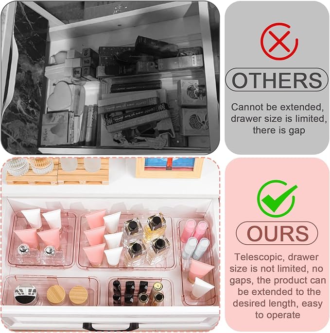 8 Pcs Mixed Extendable Clear Drawer Organizer, All Adjustable Vanity Storage Box, 2-Size Desk Drawer Organizer, Acrylic Storage Bins for Makeup, Bedroom Dressers Tool Organizer for Gadgets, Pink