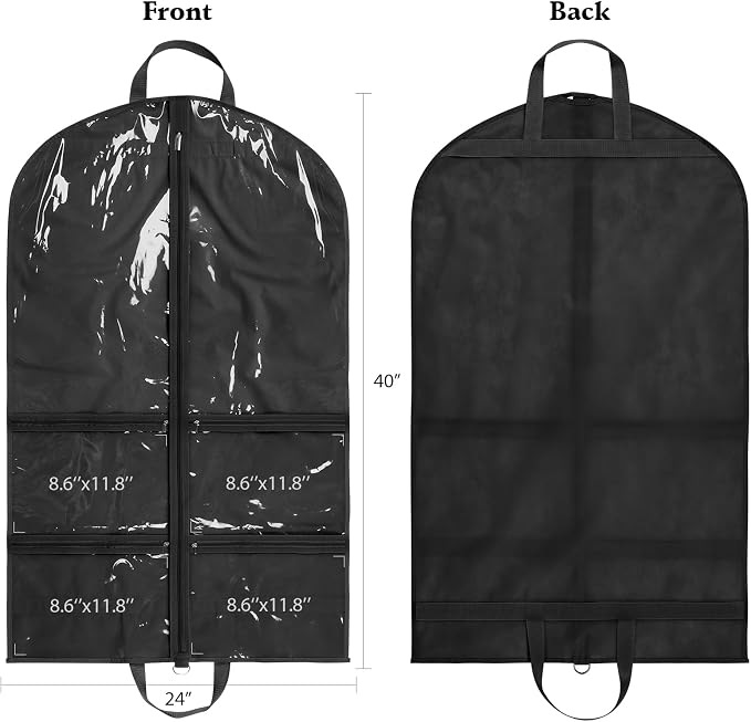 KEEGH 40 inch Clear Garment Bags for Dance Costumes, 2 Pack, Black | 4 Zipper Pockets, for Dance Competitions, Ballet, Theatre, Dance Garment Bags for Dancers, Hanging Clothes for Closet Storage