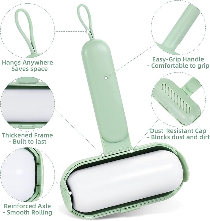 Reusable Lint Roller for Pet Hair Extra Sticky, Washable Silicone Lint Roller Reusable for Clothes, Mini Travel Size Portable Sticky Lint Roller with Handle & Hanging Loop, Green 1 Pack