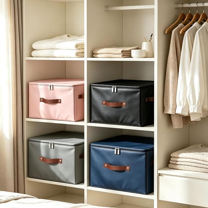 Storage Bins with Zipper Lid PU leather Storage Boxes Leather Fabric Collapsible Lidded Baskets Cube with Handle Decorative Shelves Closet Office Organizer Container(Dark Gray, Large Size)
