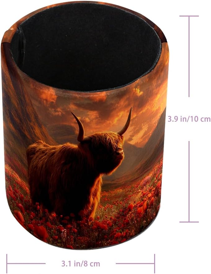 Highland Cow and Red Florals Pen Holder Pencil Organizer for Desk, 3.1” x 3.1” x 3.9” Pencil Cup Office Supplies, Large Capacity Cute Pen and Makeup Brush Holder for Desktop, Home, School