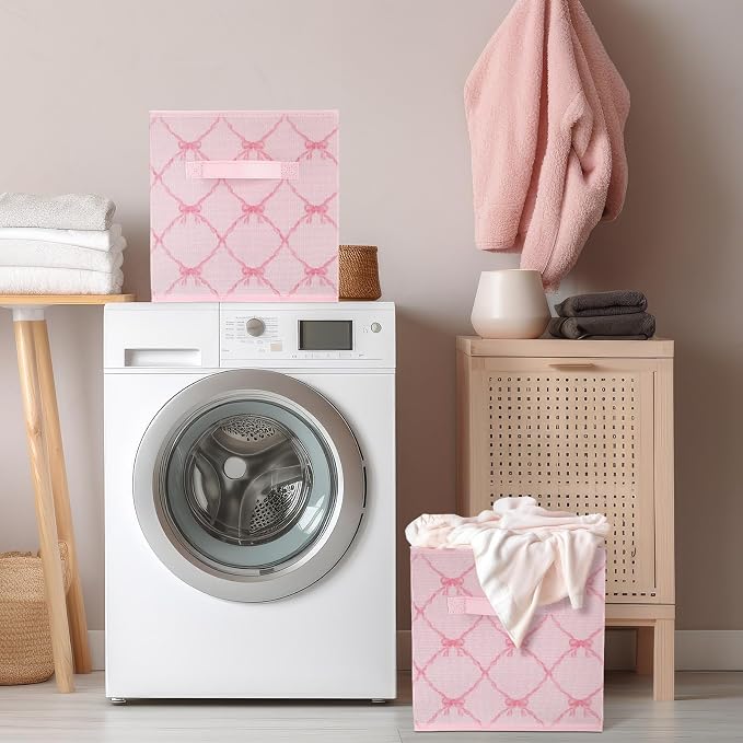 Geelin 6 Pcs Light Pink Bow Cube Storage Bins 11 Inch Storage Basket with Handle, Preppy Girls Organizer Basket, Collapsible Fabric Box for Classroom Bedrooms Office Home Decoration Gift