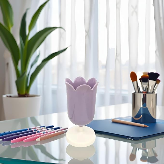 Plastic Tulip Pen Holder Cute Pens Cup for Desk Pen Brush Organizer Office Stationery Supplies Home Decor Desk Supplies Holders and Dispensers (Purple)