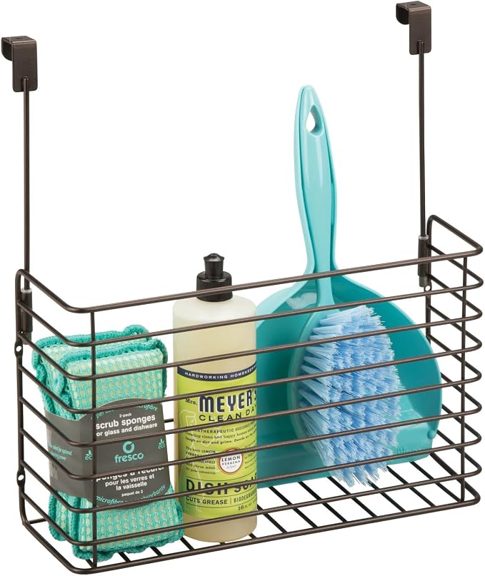 mDesign Over The Cupboard Hanging Storage Basket – Metal Bakeware Organiser and Cutting Board Holder – Excellent Kitchen Storage Solution – Bronze