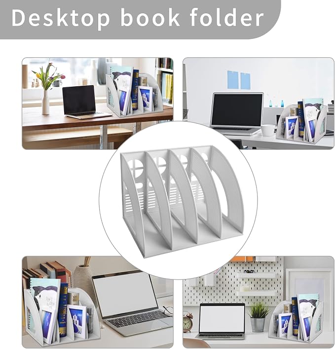 Marte Vanci Magazine File Holder Desktop Book Organizer Plastic Storage Sturdy Vertical 4 Section Folder (Light Gray)