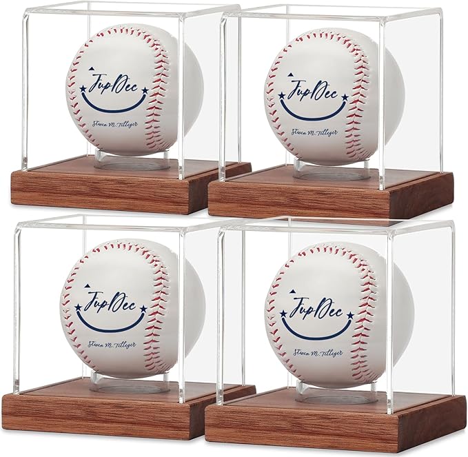 JupDec Baseball Display Case 4 Pack, Clear Cube Baseball Holder with Wooden Base, Autograph Baseball Stand Box for Single Ball, Brown