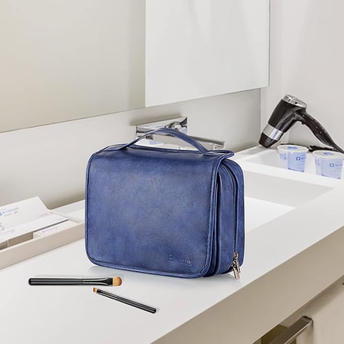 Elviros Hanging Toiletry Bag for Men PU Leather Shaving Dopp Kit (Blue) | 3-in-1 Waterproof Travel Organizer with Separate Compartments for Grooming Items, Toiletries, and Daily Essentials