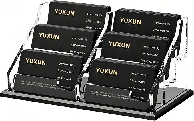 YUXUN Black Business Card Holder for Desk-3 Tier 6 Slot, Acrylic Business Card Holder for Women Men, Business Card Display Stand for Exhibition, Home, Office
