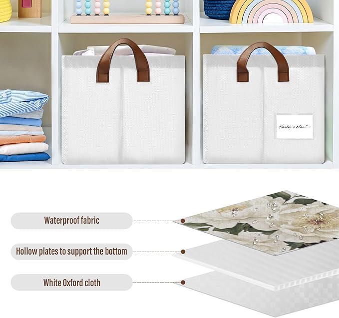 Personalized Storage Basket with Handles&Clear Labels Folding Laundry Basket Custom Name Basket Collapsible Cubes Organizer Bins for Home Wedding Gifts Kids Room Shelf Closet, Watercolor Floral