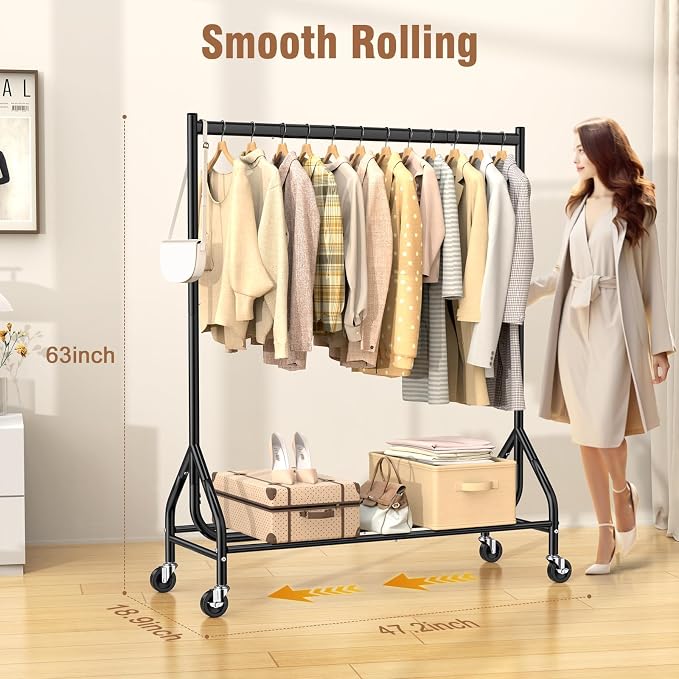EAGMAK Heavy Duty Clothes Rack Load 420 LBS, 47.2" Long Rolling Garment Rack with Lockable Wheels, Standing Metal Clothing Hanger, Portable Wardrobe Sturdy Coat Organizer for Hanging Clothes (Black)