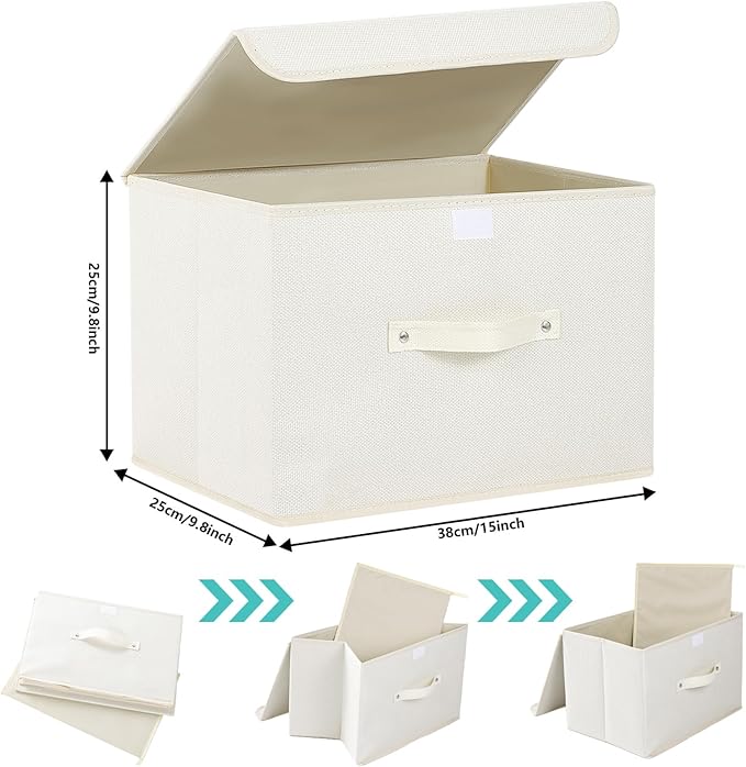 Storage Boxes, Collapsible Storage Bins with Lids, Cotton and linen cloth Storage Baskets with Handle, for Books, Closet, Bedroom, Home, 15x9.8x9.8 in, Grey and Beige