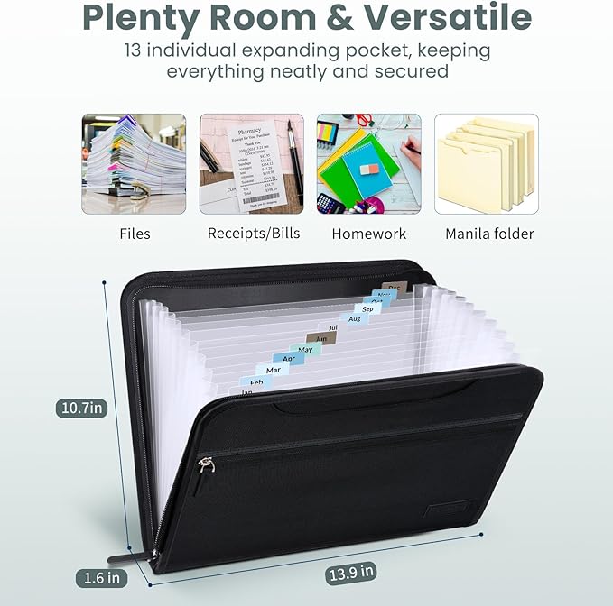 Sooez Heavy Duty Accordion File Organizer with Hidden Handle, Portable 12 Pockets Expanding File Folders, Cloth Monthly Bills Receipt Organizer for Letter/A4, School Classroom Home & Office Supplies