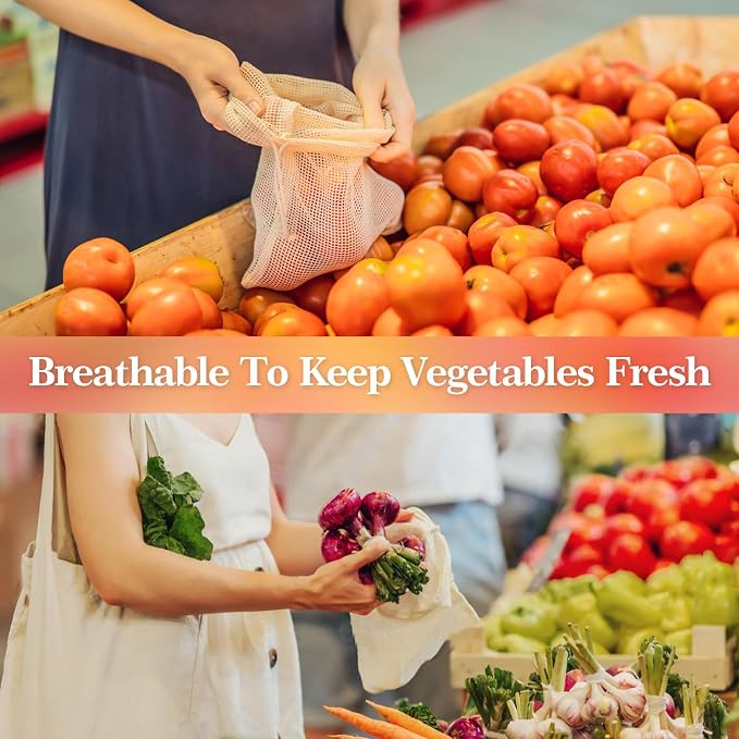 MAQIHAN Reusable Cotton Mesh Produce Bags - 6 Pack Mesh Storage Produce Bag | Durable Double Stitched Bags with Drawstring for Vegetables, Fruit and Grocery Shopping, 2L, 2M and 2S