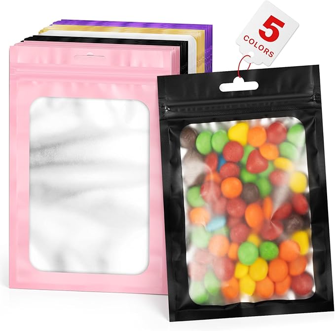 ANZNKU 100 PCS Multicolor Resealable Mylar Bags with Frosted Clear Window Packaging Bags Foil Pouch Zipper Bag for Food Self Sealing Jewelry Storage Supplies (4.72x7.1)