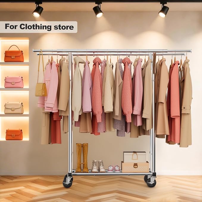 Heavy Duty Rolling Garment Rack, Double Rod Clothing Organizer, Silver | Supports up to 500 lbs, extendable double hanging rod, lockable wheels, storage shelves for bedroom, laundry, and living room