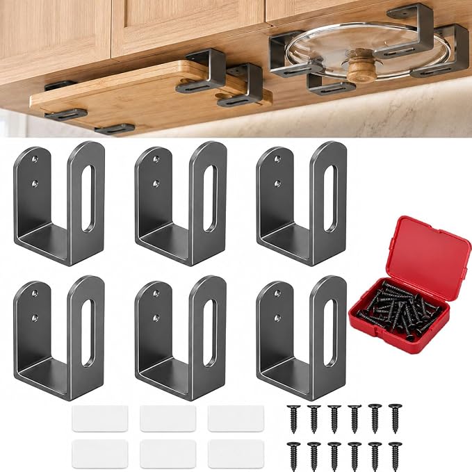6 Pcs Under Cabinet Cutting Board Holder - Thicker Stainless Steel with Strong Adhesive & Nails, Cutting Board Holder Pot Lids Rack Storage Stainless Steel Under Shelf Counter Chopping Board(Grey)