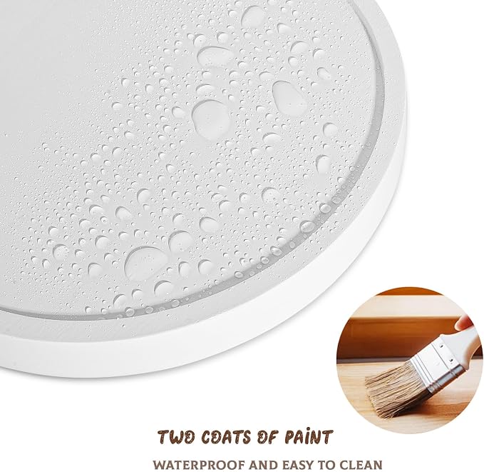 Round Decorative Tray Farmhouse Kitchen Decor Soap Dish, 9" White | Waterproof, Lightweight, Easy Clean, Wood Riser Pedestal Stand Accessories for Office Desk, Vanity, Counter, Sink