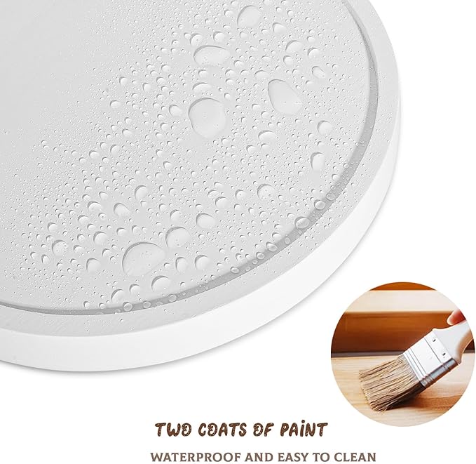Round Decorative Tray Farmhouse Kitchen Decor Soap Dish, 8" White | Waterproof, Lightweight, Easy Clean, Wood Riser Pedestal Stand Accessories for Office Desk, Vanity, Counter, Sink