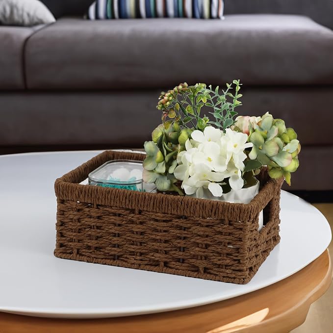 Wicker Baskets, Baskets for Organizing, Rattan Woven Basket for Storage, Organizer Bins with Built-in Handles, Storage Basket for Shelves (Paper Rope, Small)