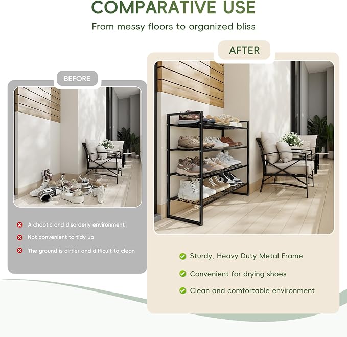 4 Tier Shoe Rack for Closet, 27 Inch Long Square Shoe Storage Organizer for Shelves, Heavy Duty Metal, Easy Assembly Stackable, Black